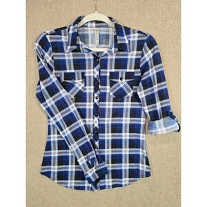 RNB Womens Blue Plaid Button Down Roll Tab Sleeve Shirt RB-CT0054 Small